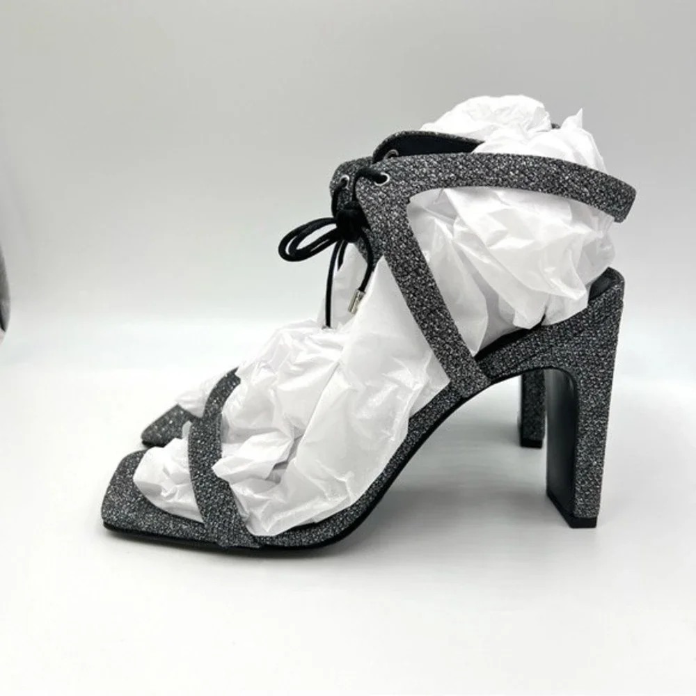 Nine West Size 6.5 Black Silver Sparkly‎ Square Toe Dress Sandals Heels Shoes